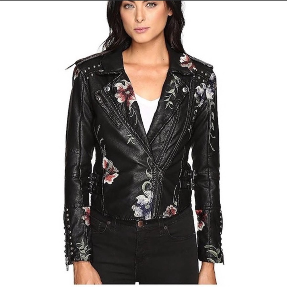 Beautiful floral moto faux leather jacket .